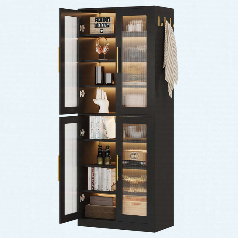 Bibliothèque de 67 po de hauteur avec portes, éclairage DEL et 8 tablettes de rangement réglables, Noir
