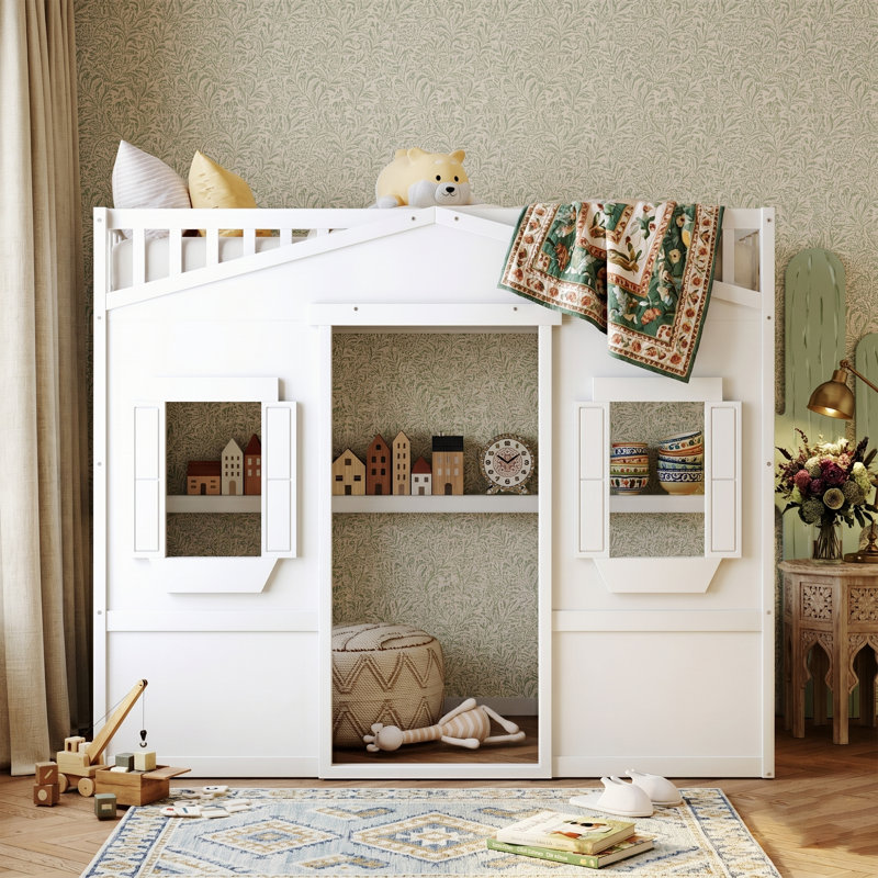 Lit mezzanine en bois 77,5 po avec échelle inclinée, structure de lit haute en bois de pin massif avec garde-corps et support à 13 lattes - blanc