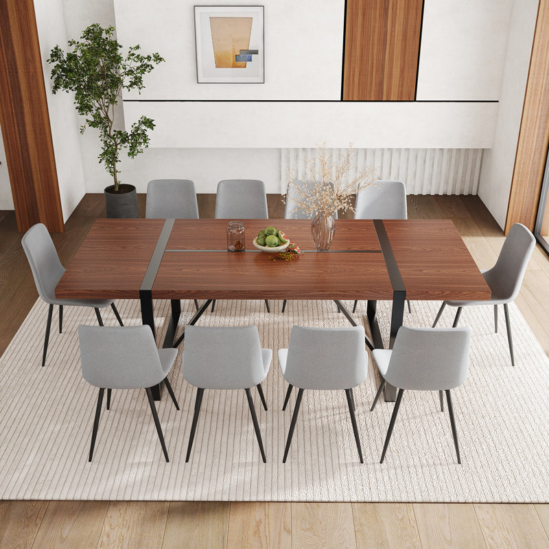 Ensemble de table de salle à manger en bois 87 po avec chaise rembourrée en cuir PU, Gris clair, 11 pièces: table, 10 chaises