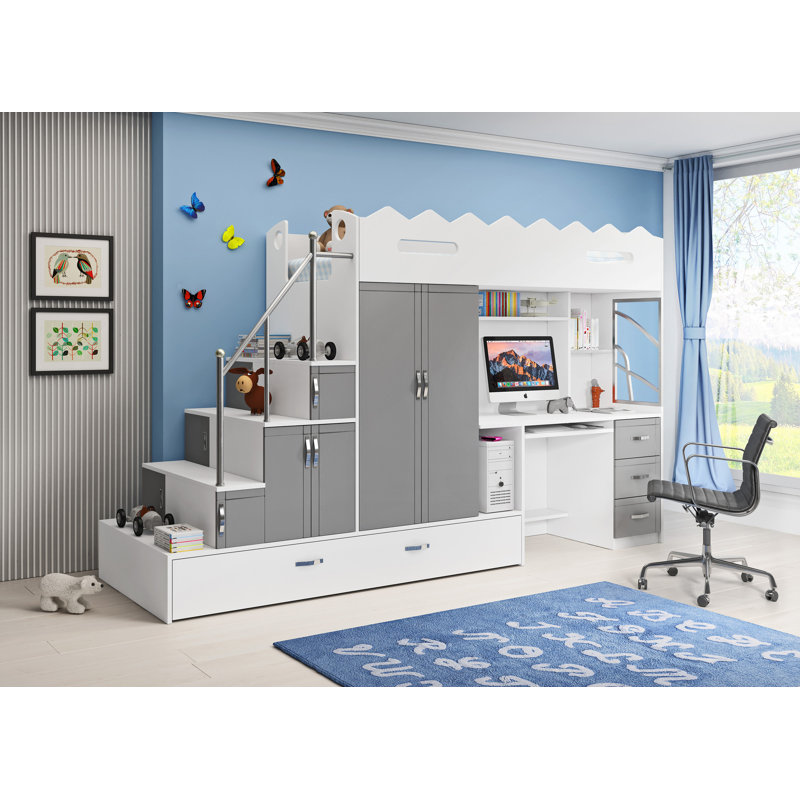 Eman European Single (90 X 200 Cm) Bunk Bed with Storage Included with Trundle Included with Desk Included