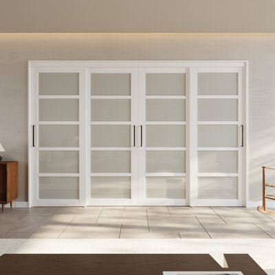 120“x80“ 5-Lite Frosted Glass Room Divider Double Closet Door Sliding Doors with Hardware & King Size Handles,4 Door Panels