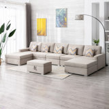 Linen Fabric 6Pc Double Chaise Sectional Sofa With Interchangeable Legs, Storage Ottoman, And Pillows