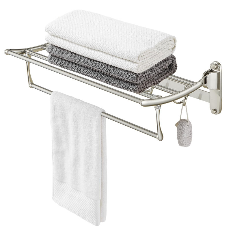 24 Inch Brushed Nickel Wall Mounted Foldable Towel Rack with Hooks