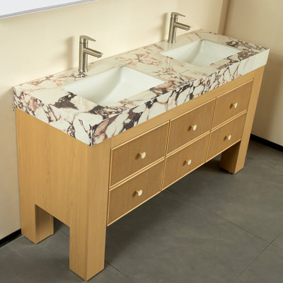 60 Inch Double Sink Freestanding Bathroom Vanity, Corolla Oak Finish, Viola Calacatta Sintered Stone Countertop, 2 Ceramic Basins, 6 Soft Close Drawers, Pre-Assembled Modern Bathroom Storage Cabinet