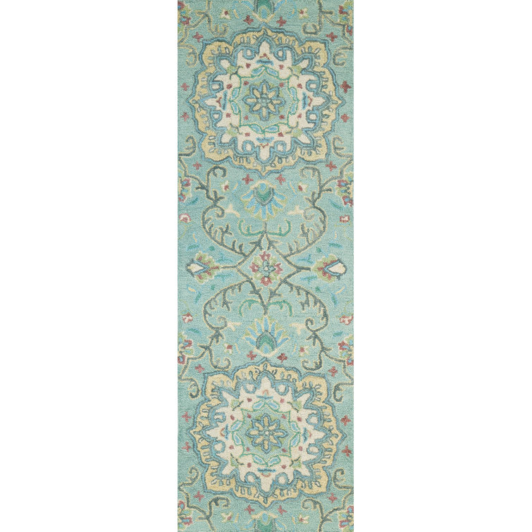 Andrieka Geometric Handmade Tufted Wool Area Rug in Green 2.6X8 