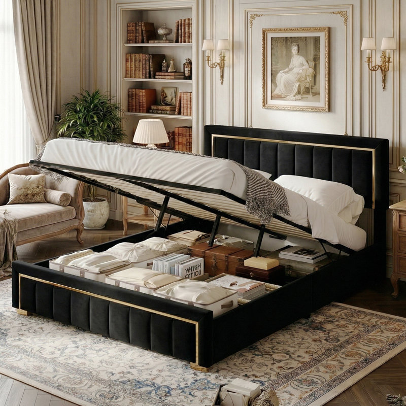 EU Double/King Velvet Ottoman Bed with Fluted Gold-Trim Headboard, Luxury Gas-Lift Storage Bed, Beige/Black, 140/160x200cm