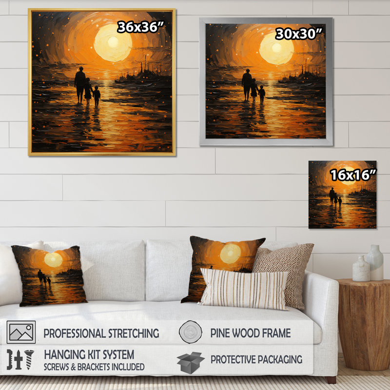 Beach Silhouettes Sunset V, Cadre simple noir, H 16 po x l 16 po x P 1 po