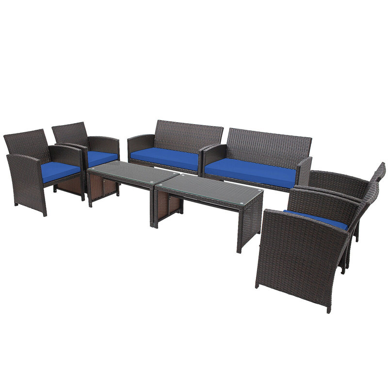 Ensemble de conversation avec canapé en rotin 8 pièces Duplantis, Bleu marine, 4