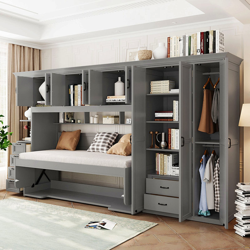 Lit escamotable simple avec garde-robe, armoire et bureau, gris