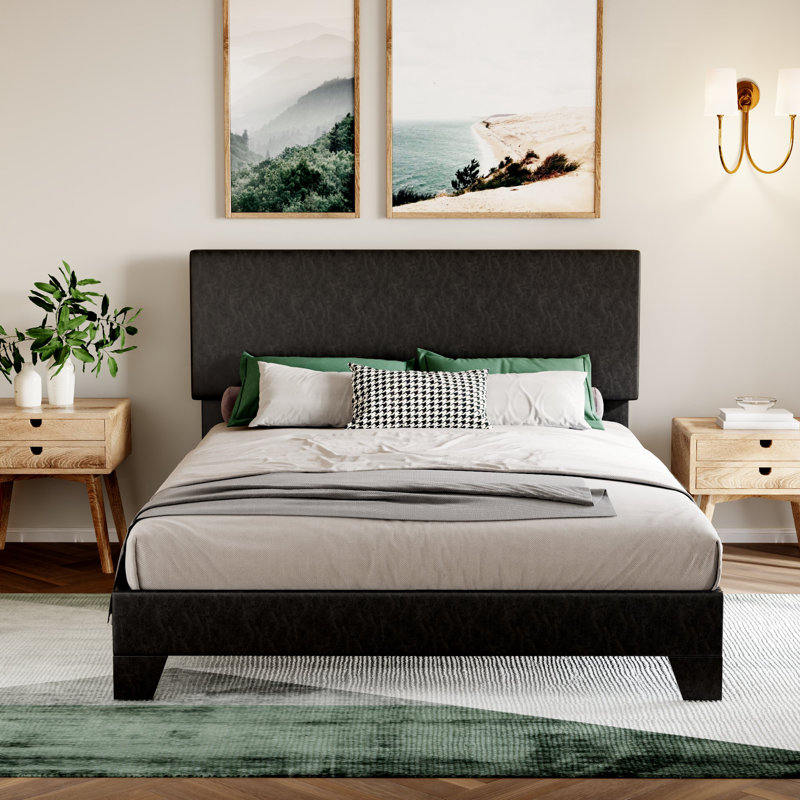 Avel Simple Rectangular Upholstered Platform bed, Queen, Black