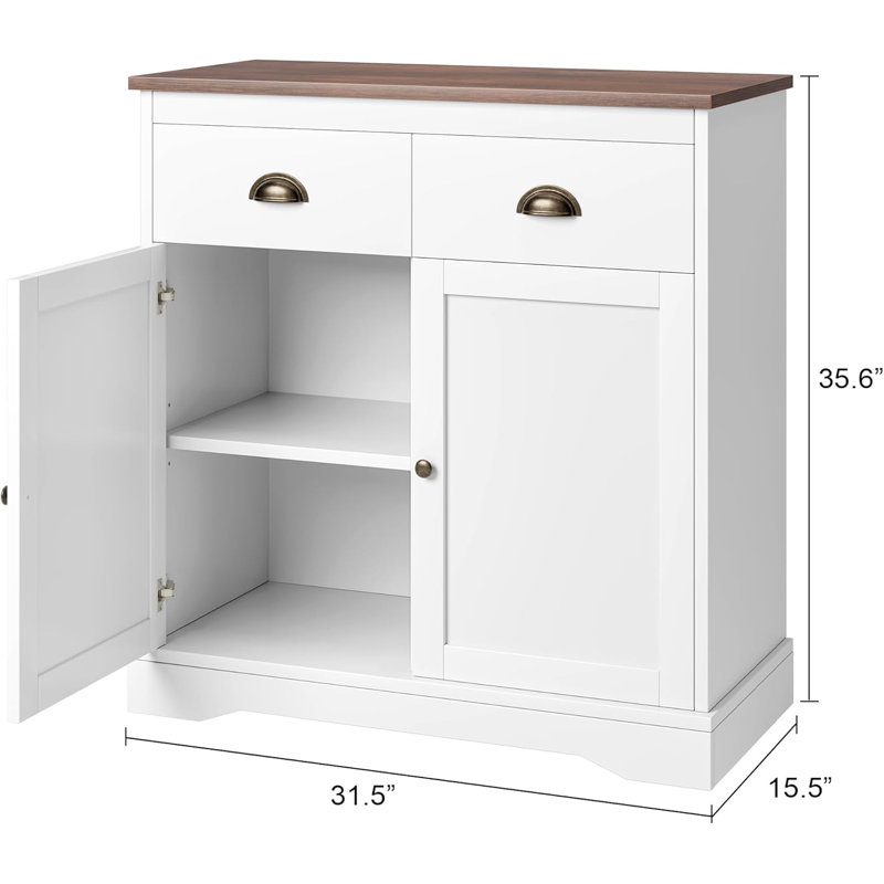 Farmhouse White Buffet Cabinet With Storage – Kitchen Sideboard Featuring 2 Doors And 2 Drawers, Wooden Coffee Bar Cabinet With Shelves For Dining Room And Living Room