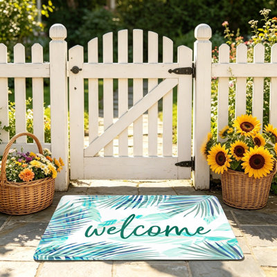 Blue Green Palm Leaf Welcome Floor Mat For Entrance Porch, 24 X 36 In, White