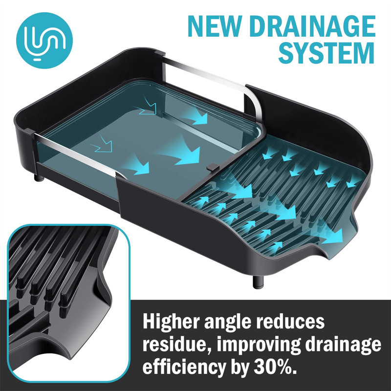 Black Extendable Stainless Steel Dish Drying Rack with Utensil Cup