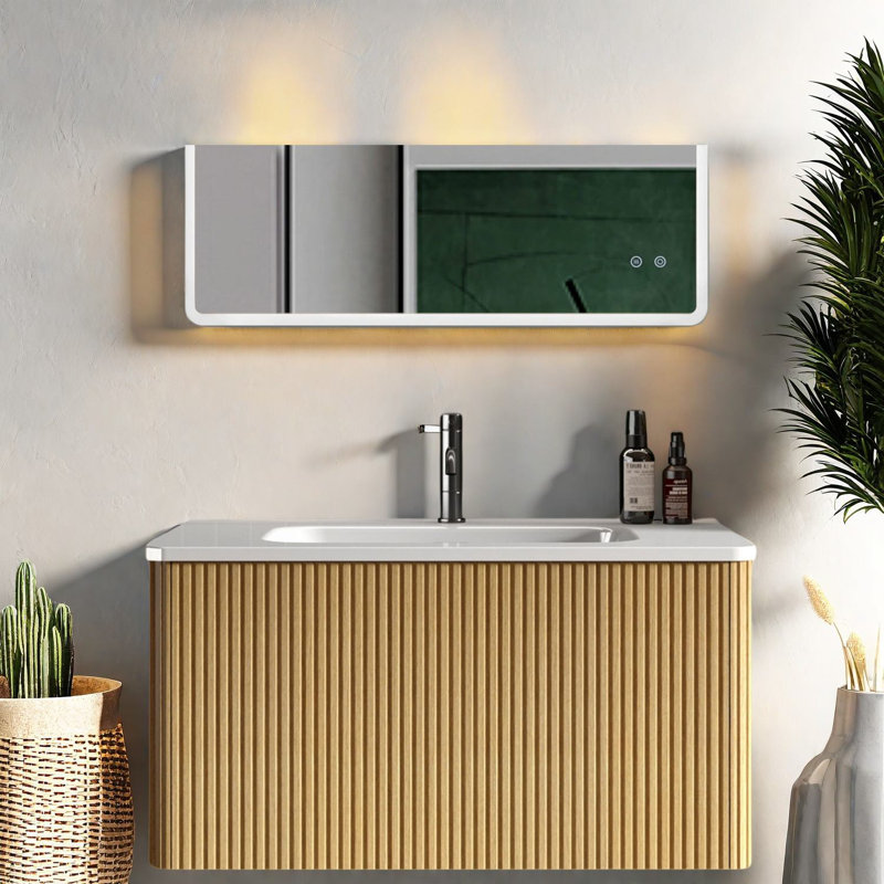 Meuble-lavabo sophistiqué en bois de chêne avec lavabo en céramique, design flottant moderne