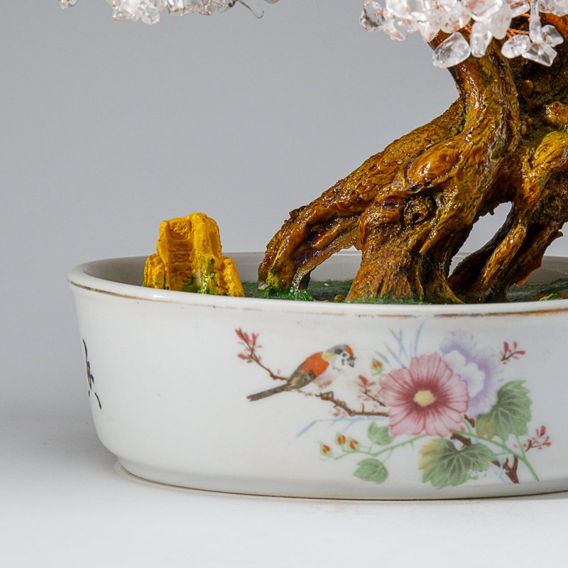 Genuine Quartz Gemstone Bonsai Tree in Oval Porcelain Pot (10")