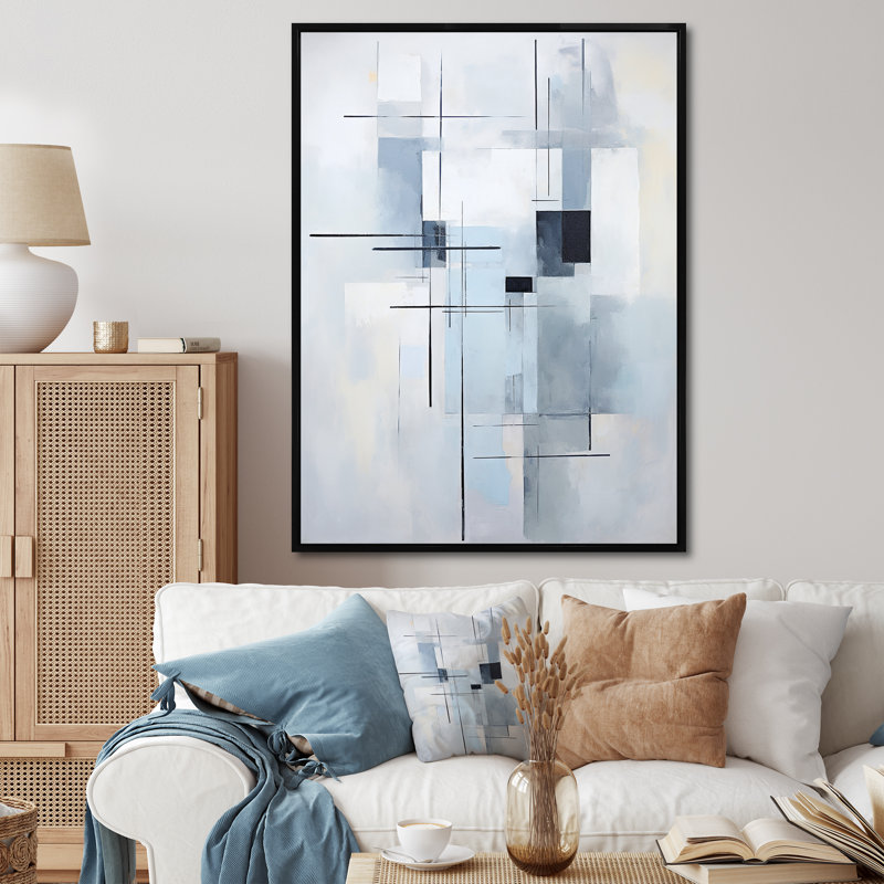 Jahmaree " Grey Suprematism Geometric Serenity II ", 32" H x 24" W x 1" D, Black Floater Framed