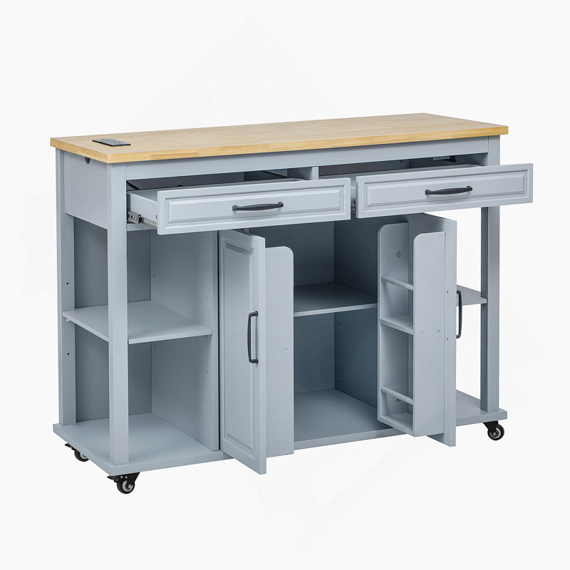 Îlot de cuisine de 47 po avec table de salle à manger extensible, table de cuisine en placage de bois d'hévéa avec support de rangement interne, prise de courant, îlot de cuisine avec rangement 2 tiroirs et 2 armoires, gris-bleu