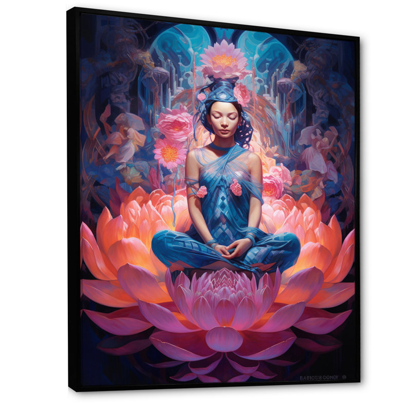 «Blue Yoga Pink Lotus Woman I» sur toile, H 44 po x l 34 po x P 1,5 po, Cadre flottant noir