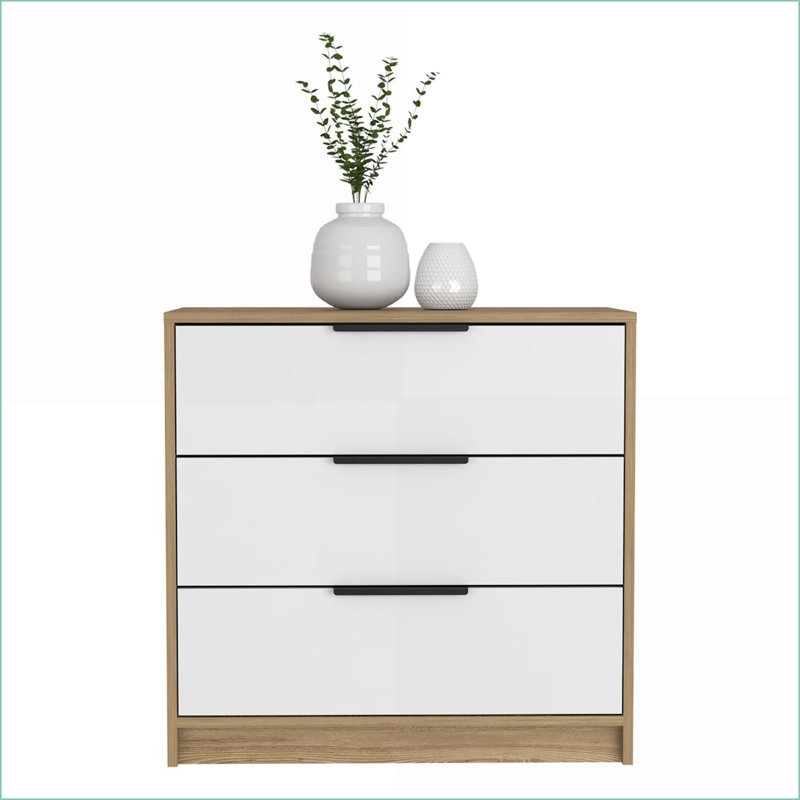 Commodes, commode 3 tiroirs moderne H 27 po x l 27,5 po | Blanc / chêne clair | Multicolore | Panneau de particules