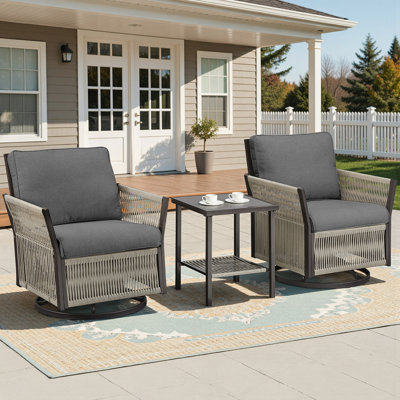 Swivel Outdoor Chairs Set Of 2, With Side Table, 3 Pieces Wicker Furniture Set Ideal For Porch, Poolside, Deck, And Yard In Gray