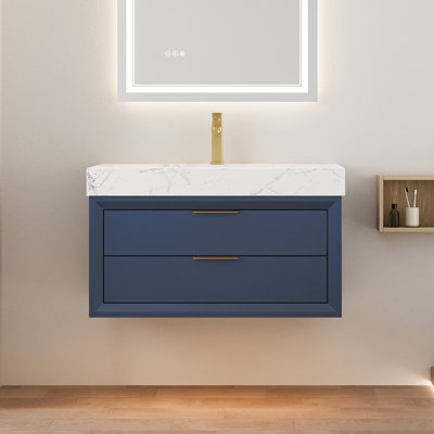 36" Blue Floating Bathroom Vanity with Light, White Engineered Marble Top, Undermount Sink, Soft-Close Drawers