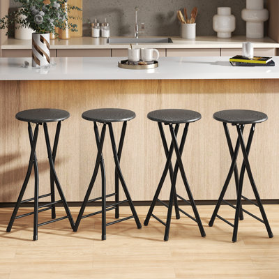 24" Bar Stools Set of 4, Folding Bar Chairs with Footrest, Black
