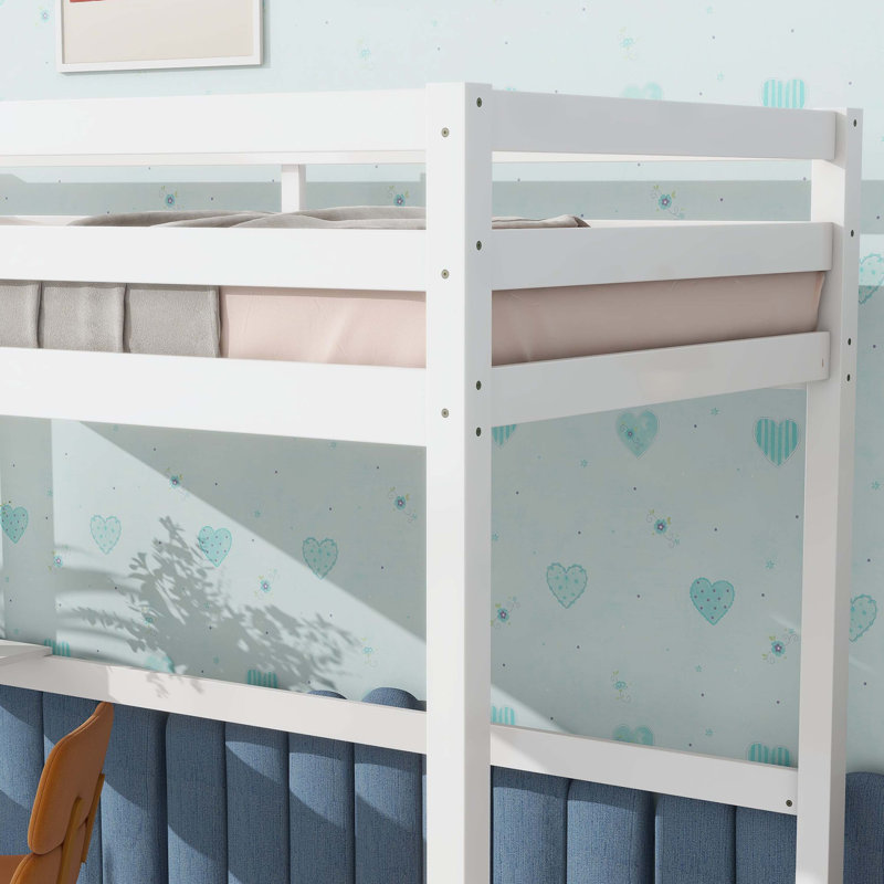 Espresso Watsons High Loft Bed With Built-In Desk, Ladder & Safety Guardrail, Solid Rubber Wood Frame, Blanc