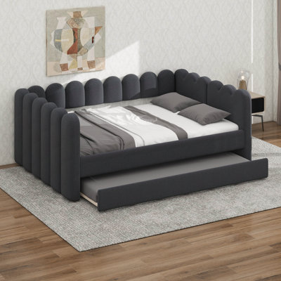Lit de jour rembourré Queen Size avec lit gigogne, tissu Sherpa, panneaux côtelés incurvés, cadre et lattes en bois robustes