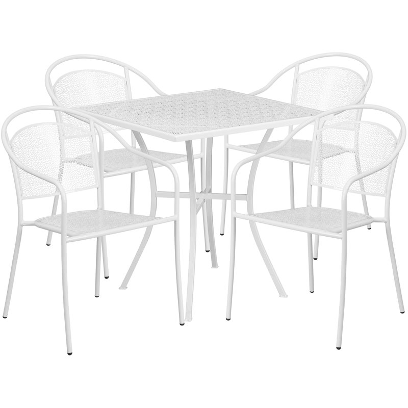 Meranda Commercial Grade 28" Square Indoor-Outdoor Steel Patio Table Set with 4 Round Back Chairs, White