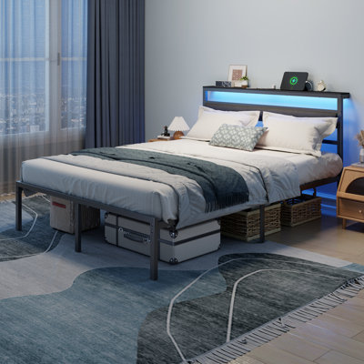 Queen Bed Frame with LED Light and Charging Station, Metal Frame with Upholstered Headboard, Large Storage Space, No Box Spring Needed