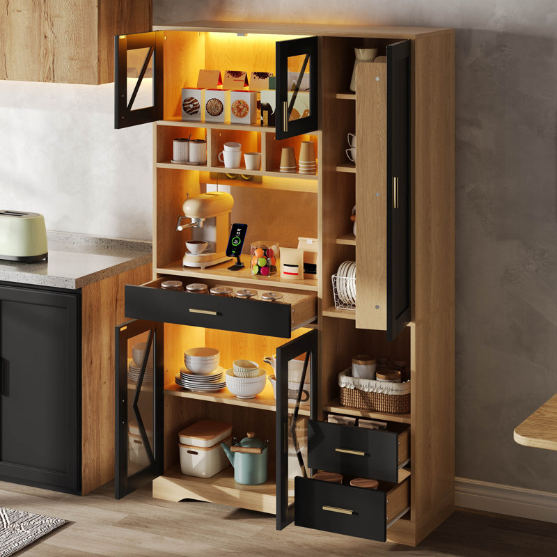 185 Cm Kitchen Pantry With Storage, Black/Natural