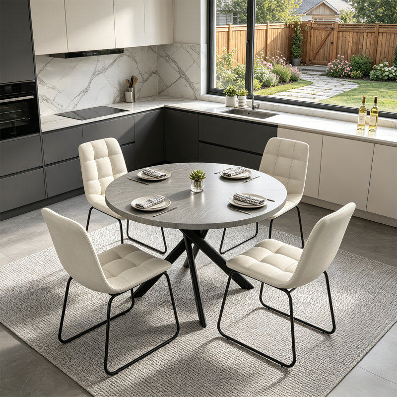 43.4 Inch Round Dining Table Set For 4, Mid Century Modern Small Coffee Set For Dining Room Kitchen Apartment, Beige, Gray