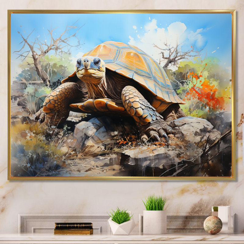 «Turtle On Land I», reproduction d'art sur toile encadrée, 30" H x 40" W, Cadre flottant doré