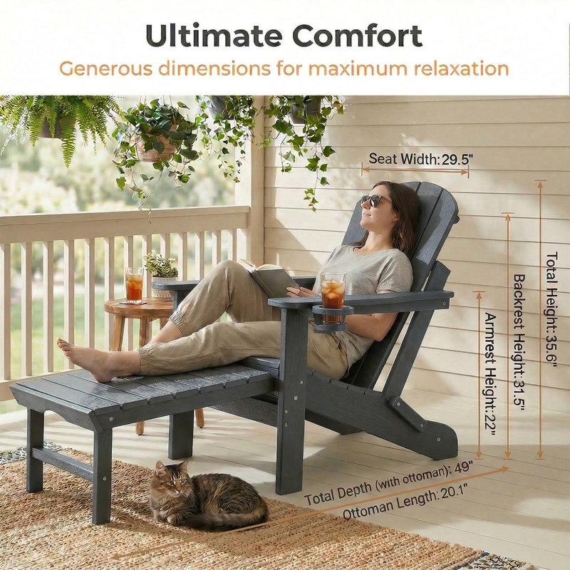 Chaises Adirondack pliantes en PEHD avec repose-pieds rétractable, dossier réglable à 5 positions (ensemble de 2), Gris