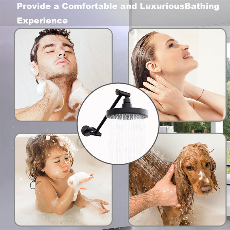 Round Rainfall Shower Head With Adjustable Extension Arm - High Pressure Performance, 1-Min Easy Install (11" Arm) (Fixed Shower Mount Sold Separately)