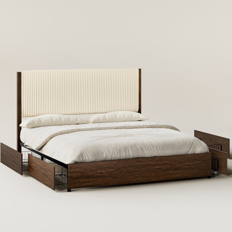 Lit plateforme tapissier avec rangement à 4 tiroirs Lilie, King, Walnut