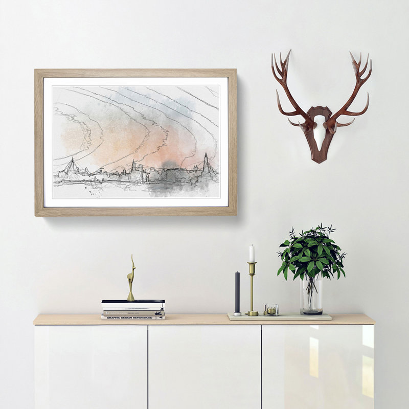 The Chicago Illinois Skyline in Abstract - Picture Frame Drawing Print, 27cm H x 36cm W x 2cm D, Oak Framed
