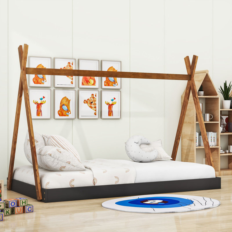 Estefania Twin Size Wood Bed with Triangle Structure, Black/Brown