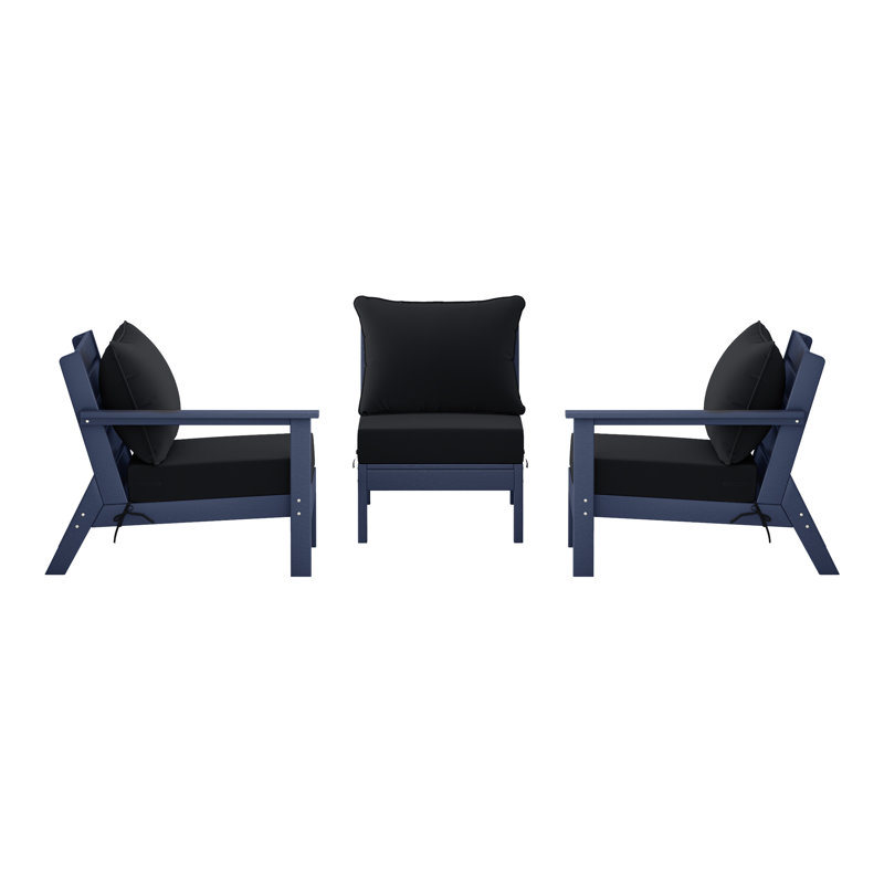 3-Piece Deep Seating Set With Cushions, Black, Navy Blue