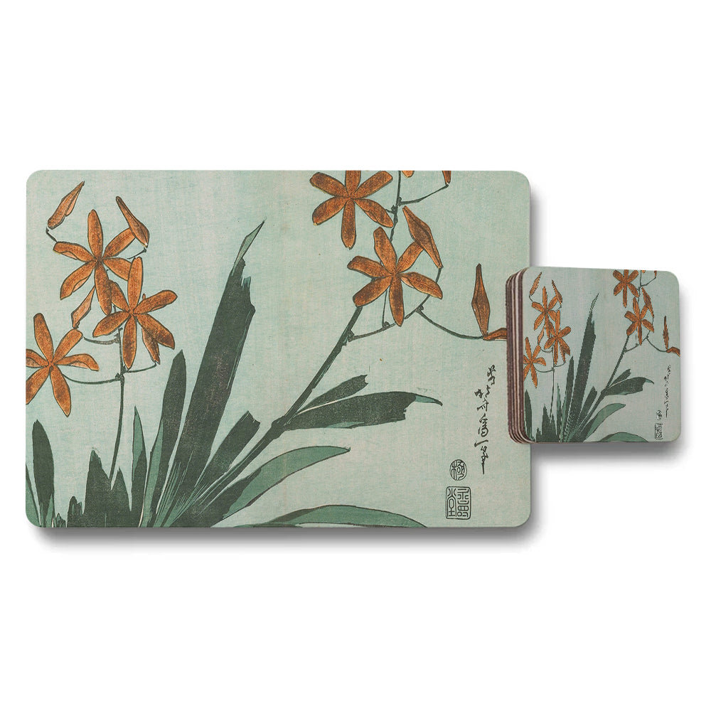 Floral Botanical Placemats And Coaster Set Orange Flower Design