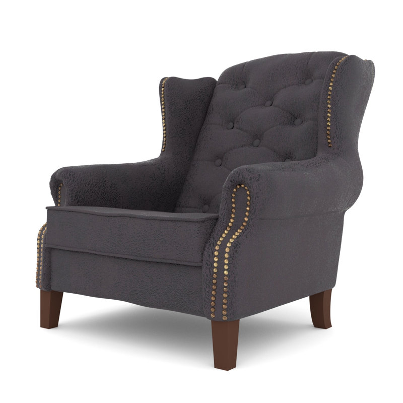 Chesterfield Wingback Armchair  with Quilting And Wooden Legs Made of Luxury Microfibre Vintage Look, Dark Grey