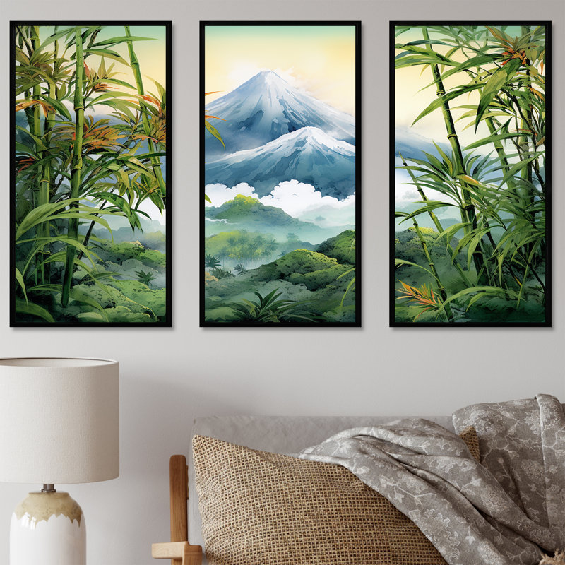 Bambou, charme sur un volcan japonais - ensemble d'art mural en bambou, Cadre flottant noir, H 32 po x l 48 po x P 1 po