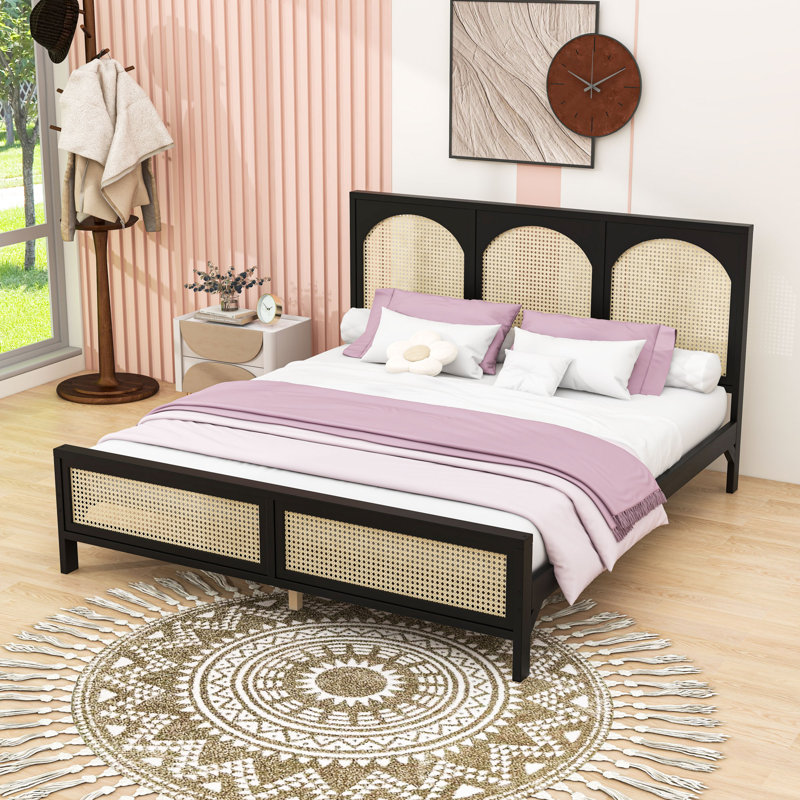 Lit plateforme avec tête de lit en bois et rotin, Noir / Beige, Très grand lit