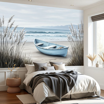 Peel and Stick Wallpaper Beach Vintage Coastal Ocean Landscape Boat Farmhouse Seascape Calm Wall Murals 69"H x 96"W Removable PVC Wall Paper Self-Adhesive Wall Decor for Bedroom Living Room Home Office