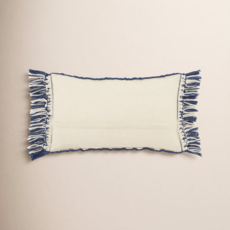 Senda Fringed Outdoor Throw Pillow, Dark Blue/Ivory, Polyester/Polyfill