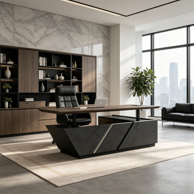 Adjustable Executive Desk - Luxury L Shaped Desk with Drawers, Large Table with File Cabinets, Executive Office Desks with LED Light Strip Home Office Desk for Professionals