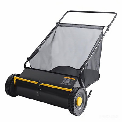Efficient Yard Cleanup Push Lawn Sweeper – 26-Inch, 7 Cu. Ft. Mesh Bag, 4 Spinning PP Brushes, Adjustable Height, Durable Steel Frame, Rubber Tires – Black with Yellow Hubcaps and Crossbar
