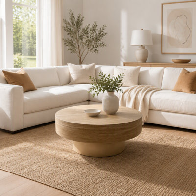 Round Travertine Coffee Table, Modern Drum Coffee Table with Champagne Gold Metal Pedestal Base, Textured Stone-Look Circular Centre Table for Living Room