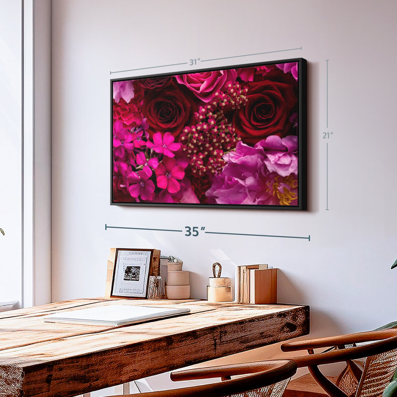 Fleurs rouges et roses sur toile, H 21 po x l 31 po