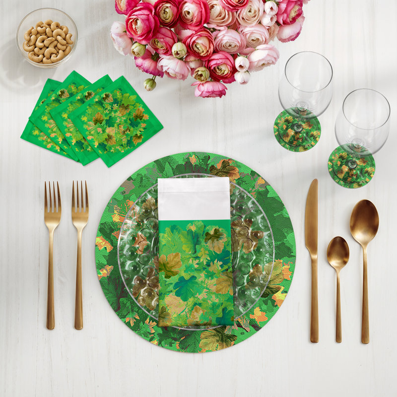 Fallen Leaves Green Vegan Leather Round Coasters, Green